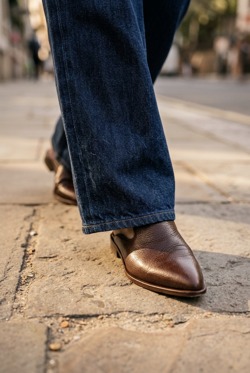 Close-up shot of a wide-leg denim hem floating over pointed-toe leather mules.