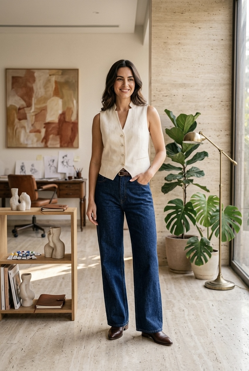 Outfit formula illustration featuring a cream vest, dark indigo wide-leg jeans, and brown leather mules.