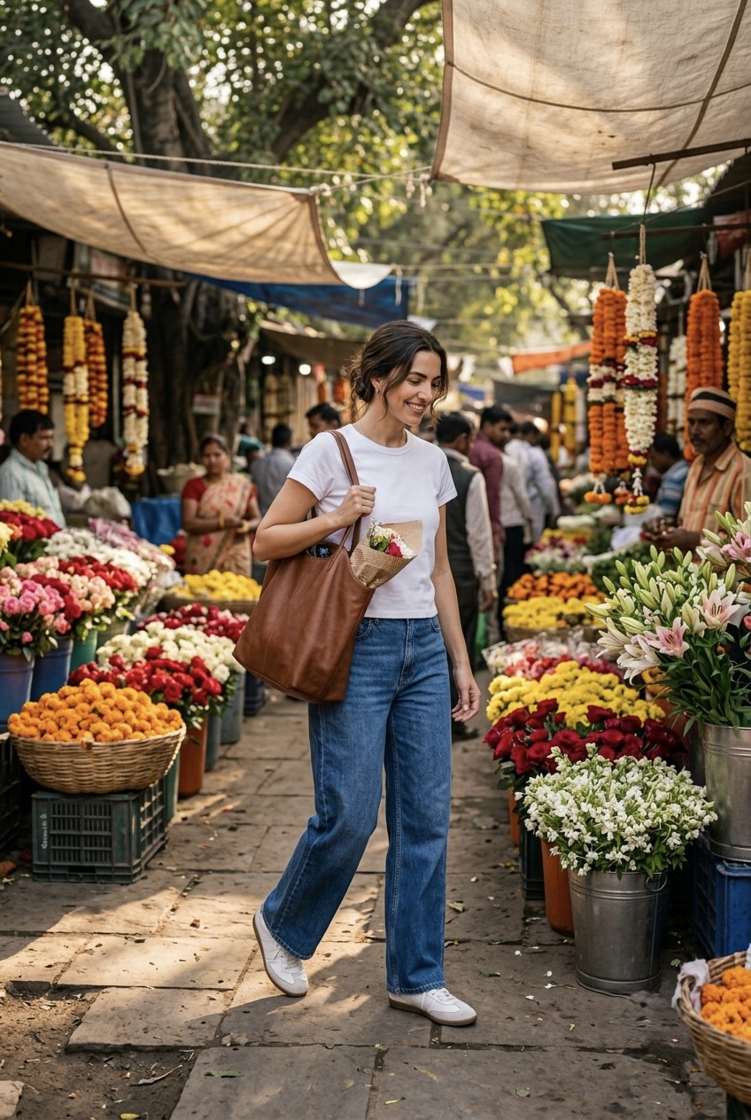 Woman shopping at a market in a white baby tee, mid-wash wide-leg jeans, and retro leather sneakers.