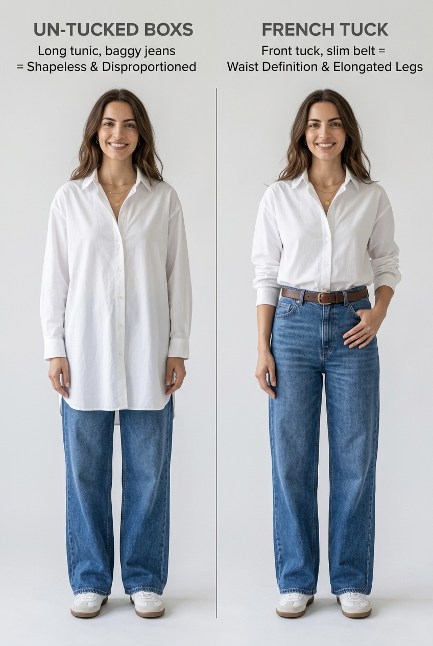 Side-by-side comparison showing an un-tucked boxy shirt versus a tucked shirt with wide-leg jeans.