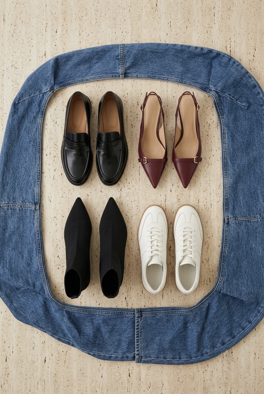 High-end flat-lay photography featuring black loafers, burgundy slingbacks, black sock boots, and retro white sneakers alongside barrel denim.
