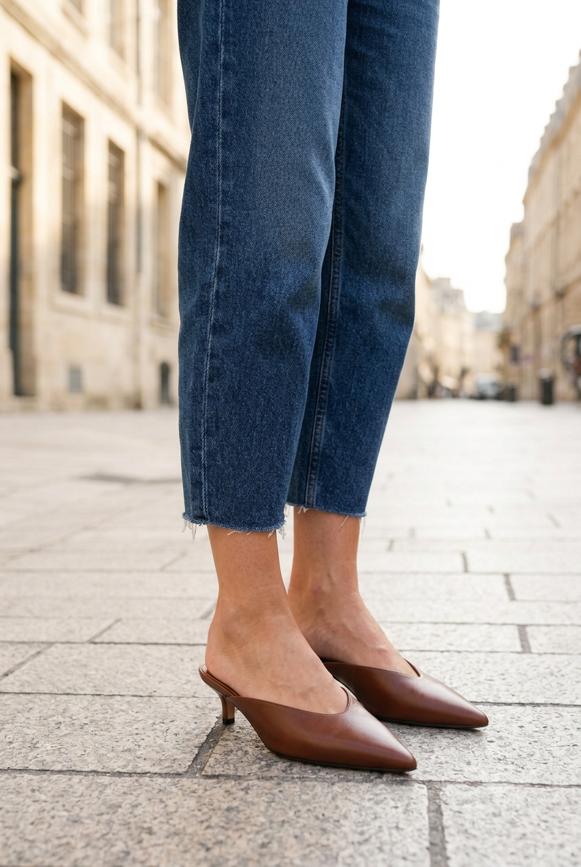 Woman wearing dark-wash barrel jeans with a tucked-in cream knit sweater and sharp black leather pointed-toe mules.