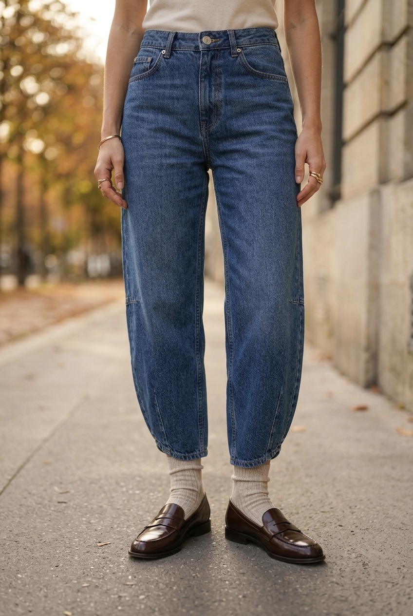 Mid-length shot of a woman wearing mid-wash horseshoe denim paired with chocolate brown leather loafers and oatmeal socks.