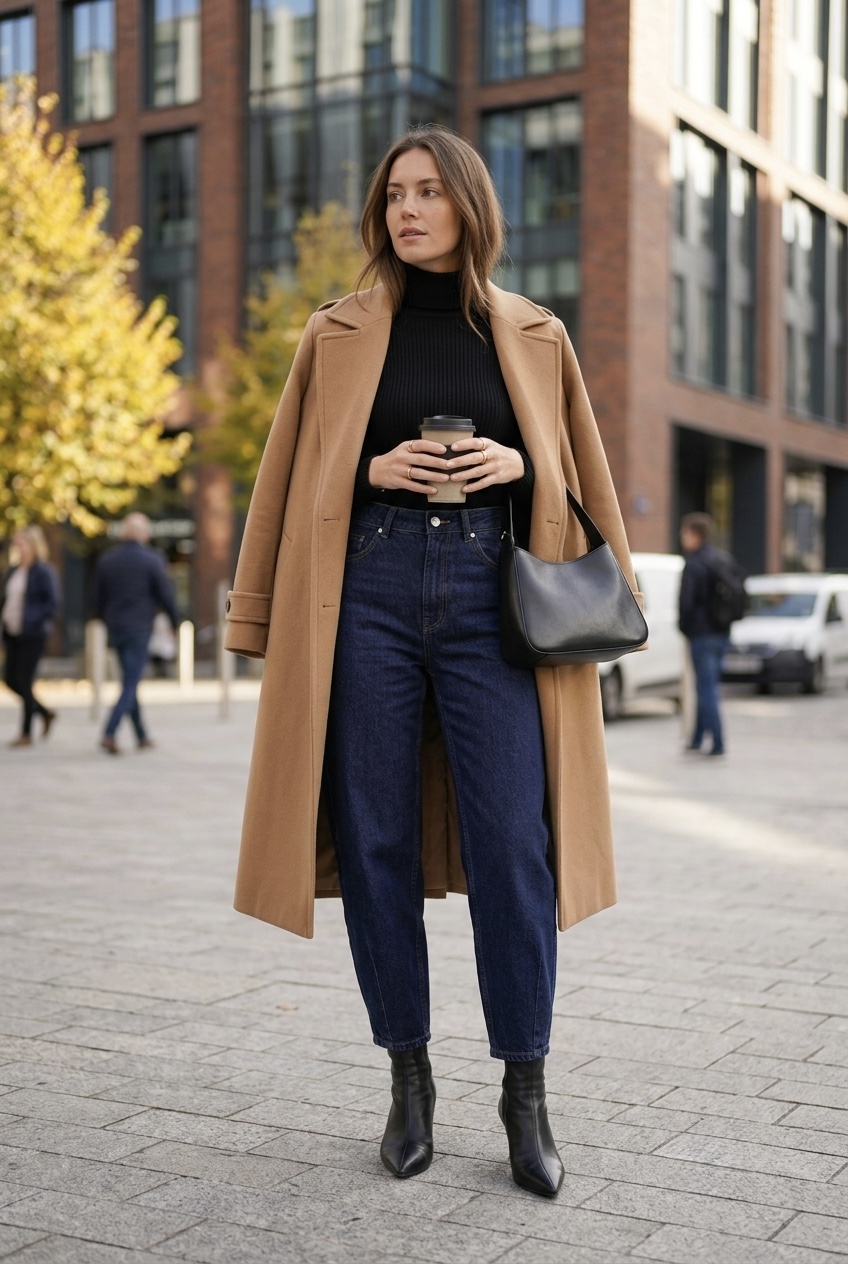 Woman wearing indigo barrel-leg jeans draped cleanly over fitted black pointed leather sock boots in autumn.