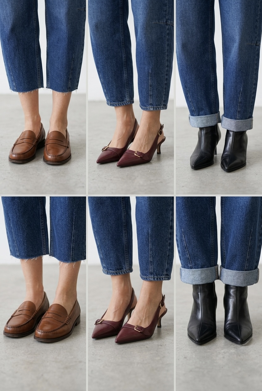 Three-frame comparison guide showing cropped, ankle-length, and full-length barrel jeans styled with loafers, slingbacks, and boots.
