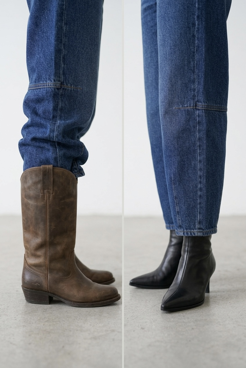 Visual comparison showing lumpy fabric bunching with wide western boots versus a clean drape over sleek fitted ankle boots.