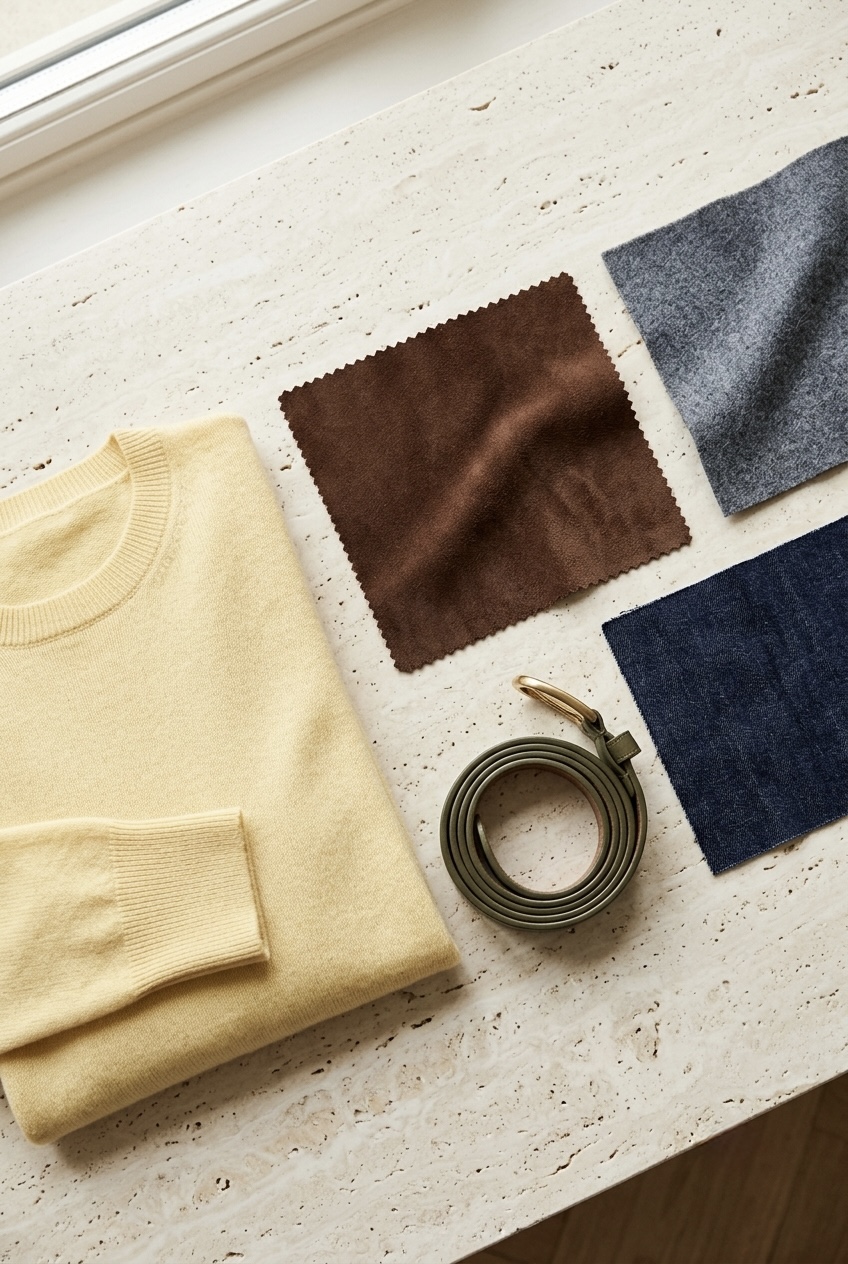Flat-lay of autumn fabrics showing butter yellow knit layered with chocolate brown suede, olive green leather, and dark indigo denim.