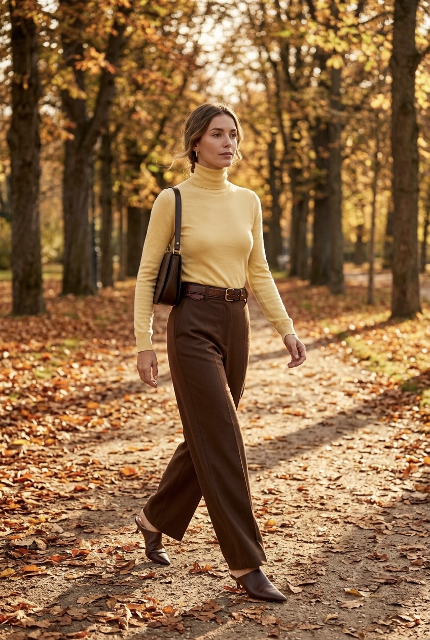 Woman wearing a butter yellow fine-knit turtleneck tucked into high-waisted chocolate brown wide-leg trousers for a chic fall outfit.