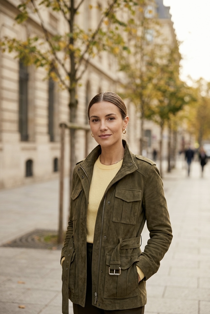 Close-up of an olive green suede utility jacket layered over a soft butter yellow cashmere sweater.