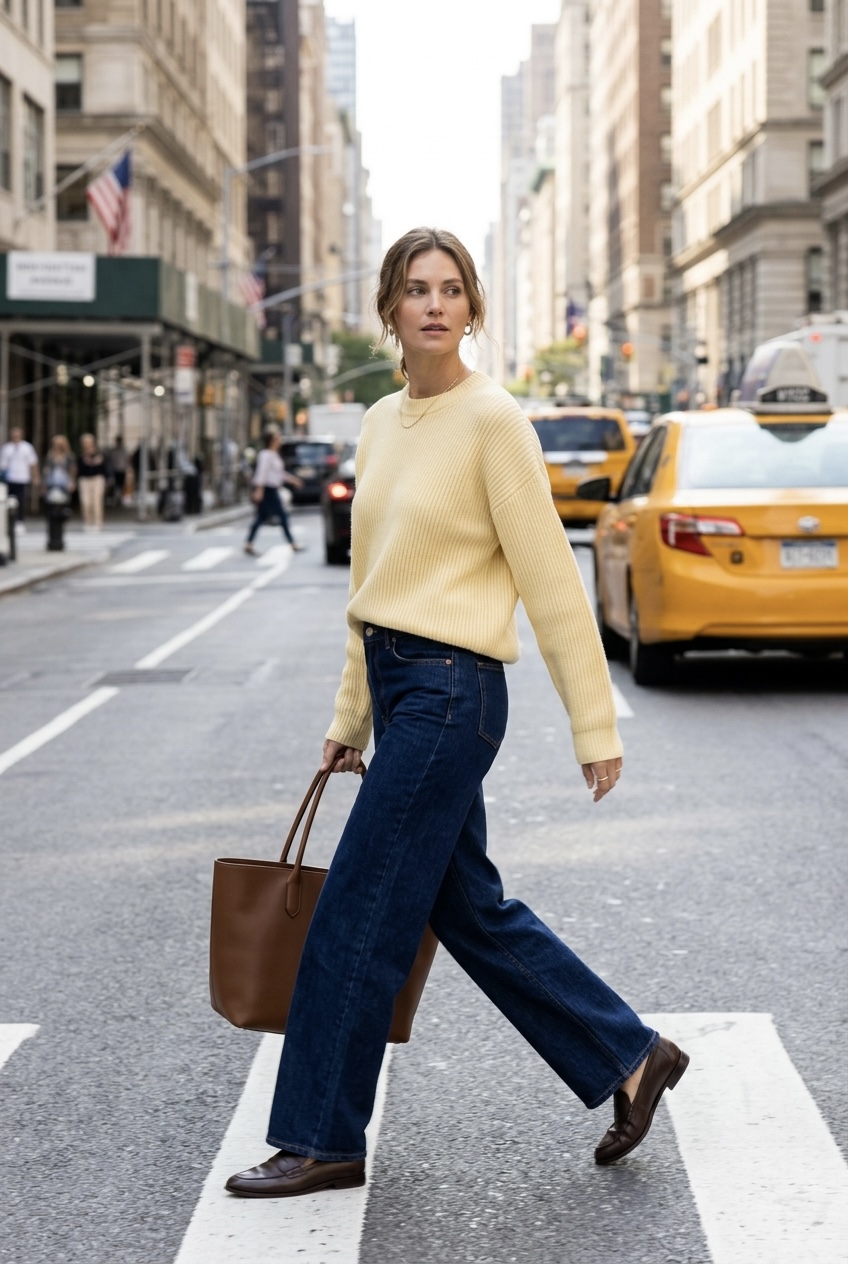 Street style shot of a woman in a butter yellow ribbed knit sweater and dark wash rigid wide-leg jeans.