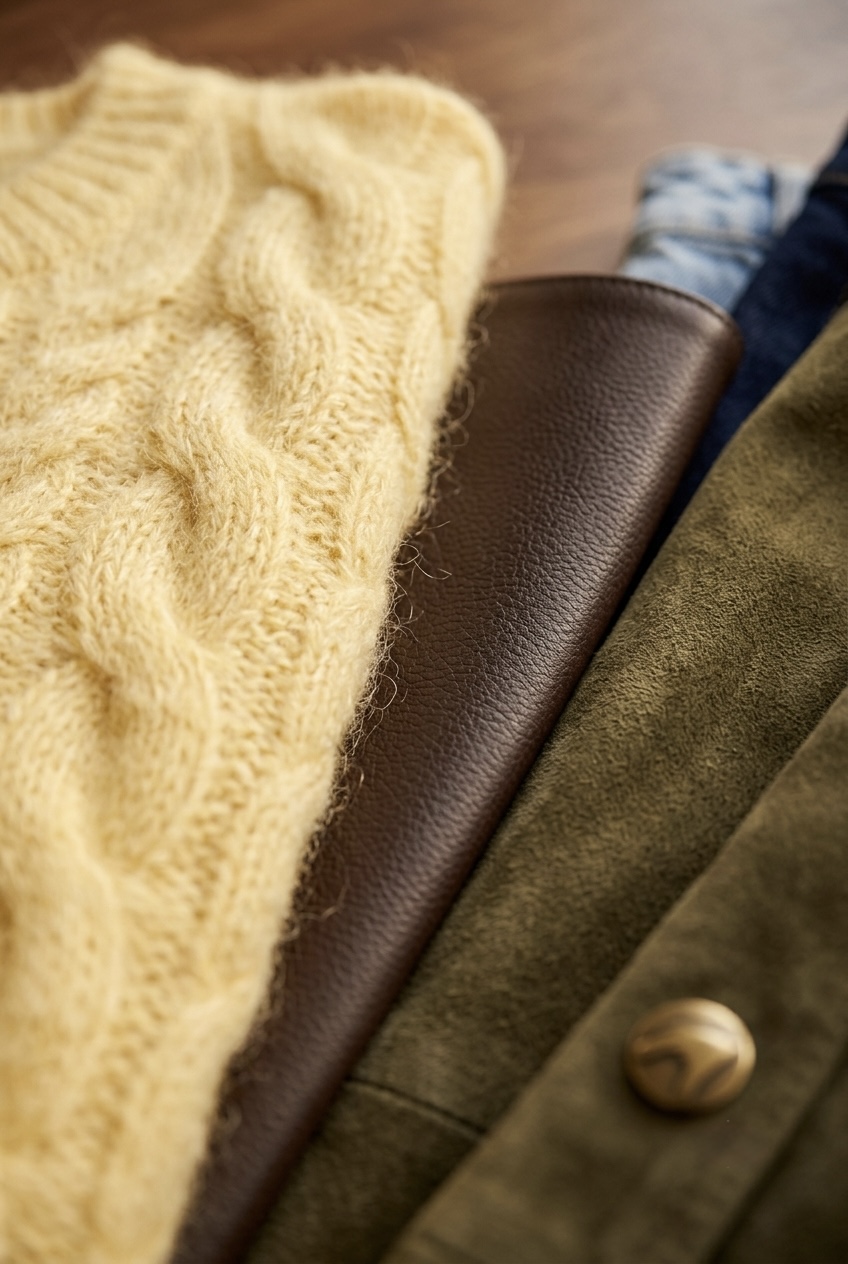Macro detail shot highlighting the rich texture of a butter yellow mohair knit next to dark leather and suede.