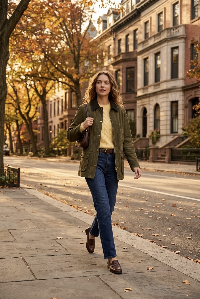 Complete fall outfit formula featuring an olive suede barn jacket, butter yellow sweater, dark denim, and chocolate loafers.