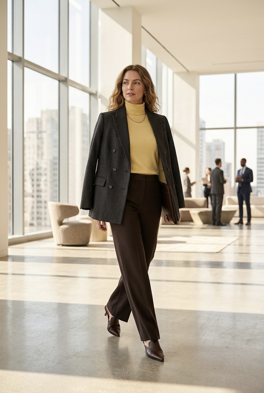 Workwear outfit formula showing an oversized charcoal blazer, butter yellow turtleneck, and espresso tailored wide-leg pants.