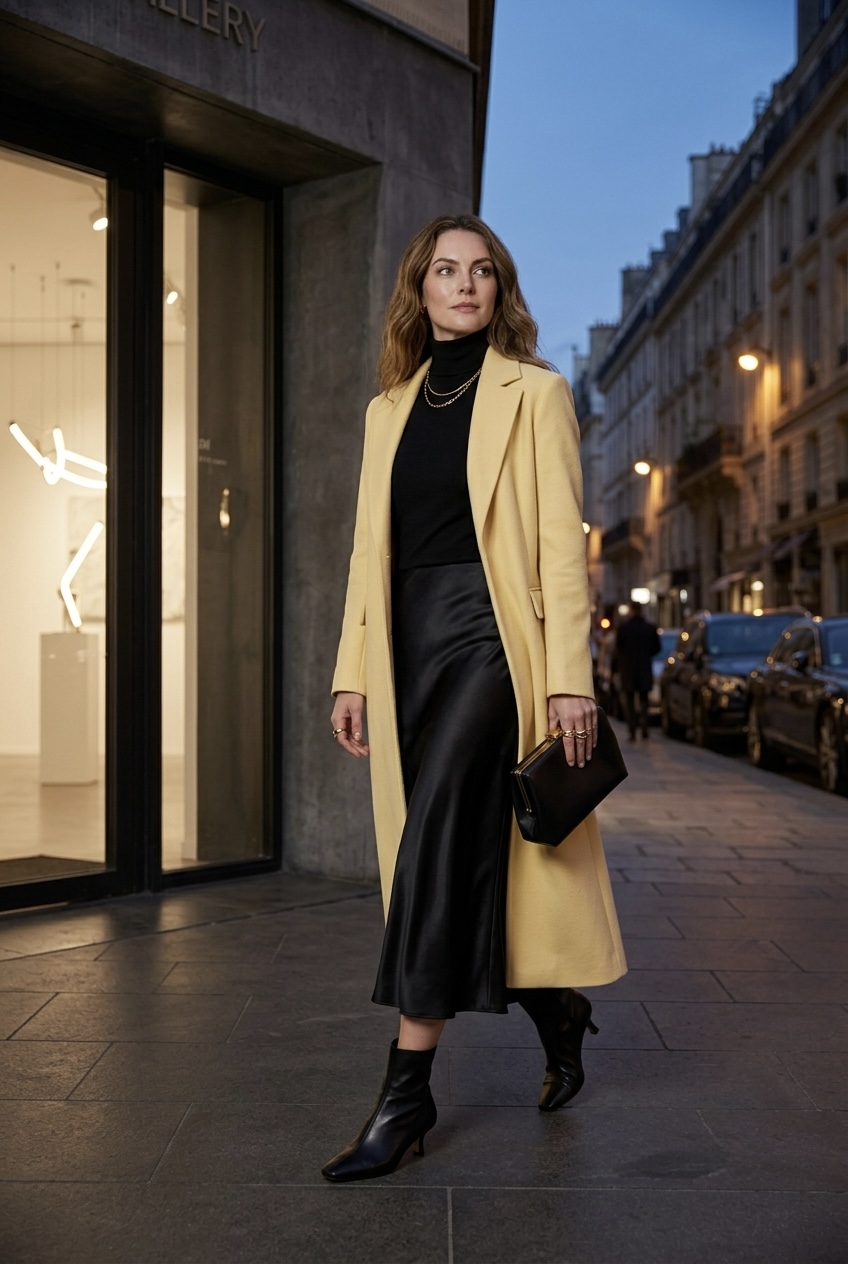 Evening outfit formula showing a tailored butter yellow long wool coat worn over a black turtleneck and black satin midi skirt.