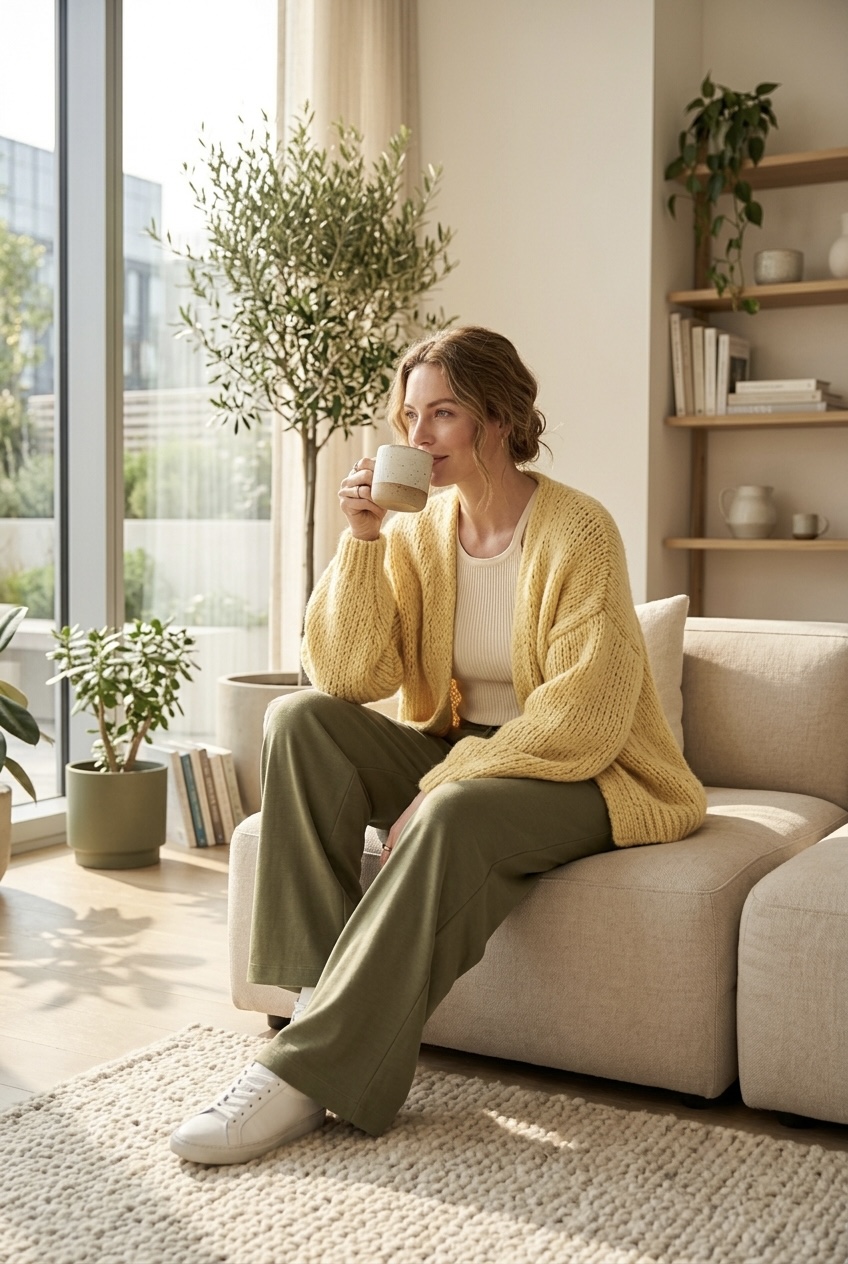 Relaxed Sunday downtime outfit featuring an oversized butter yellow knit cardigan over a cream tank top and wide-leg knit pants.
