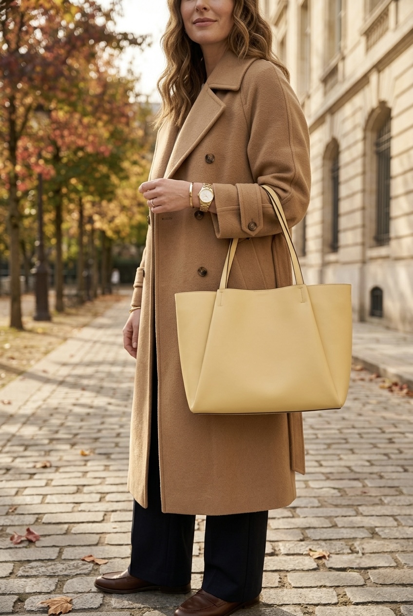 Close-up of a structured butter yellow leather tote bag styled with a classic camel wool trench coat.
