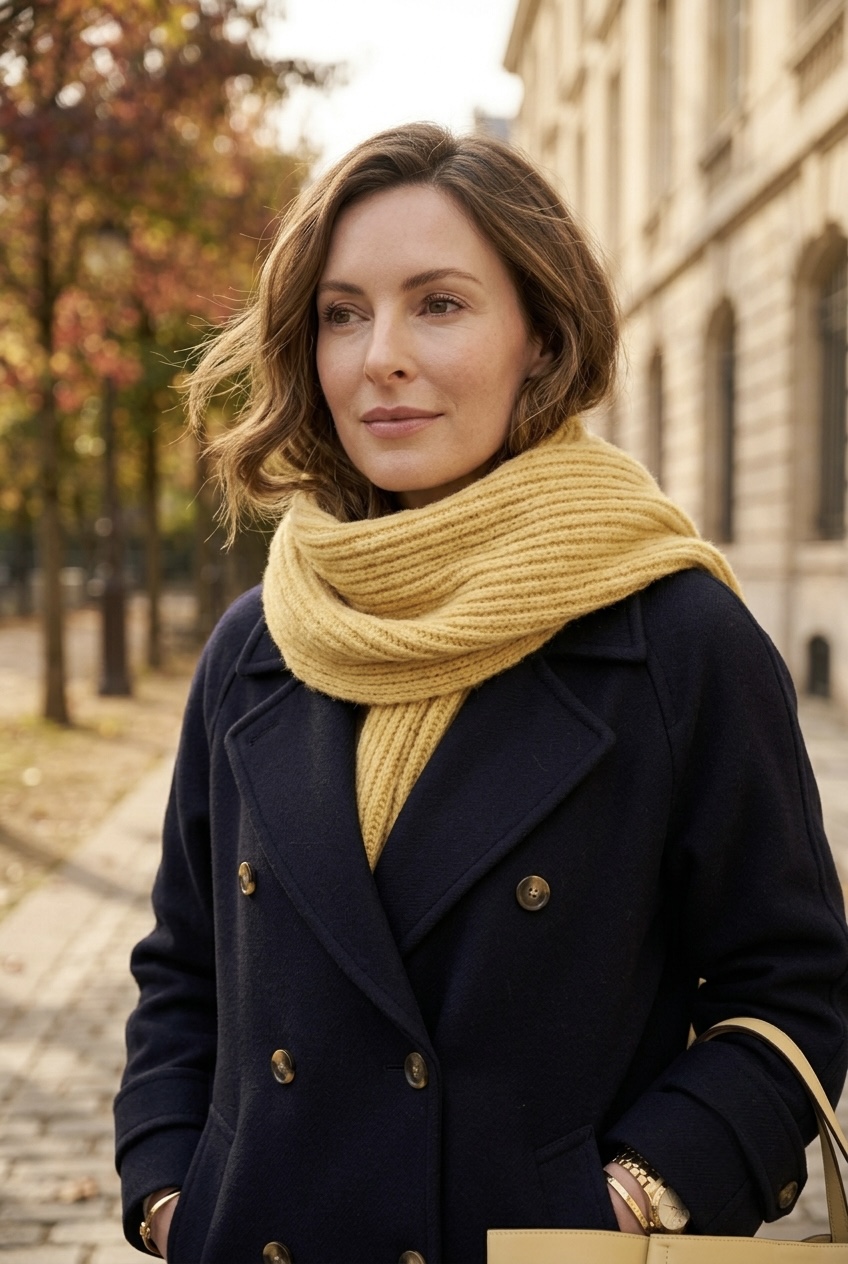 Portrait of a woman wearing a chunky butter yellow ribbed scarf wrapped around a navy blue wool coat.