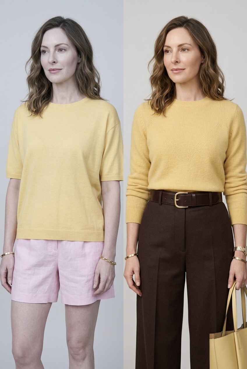 Visual styling comparison showing pale yellow paired with pastel summer shorts versus rich espresso fall trousers.