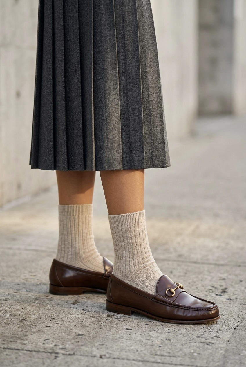 Close-up of chocolate brown calfskin loafers paired with oatmeal ribbed socks and a dark grey wool midi skirt.