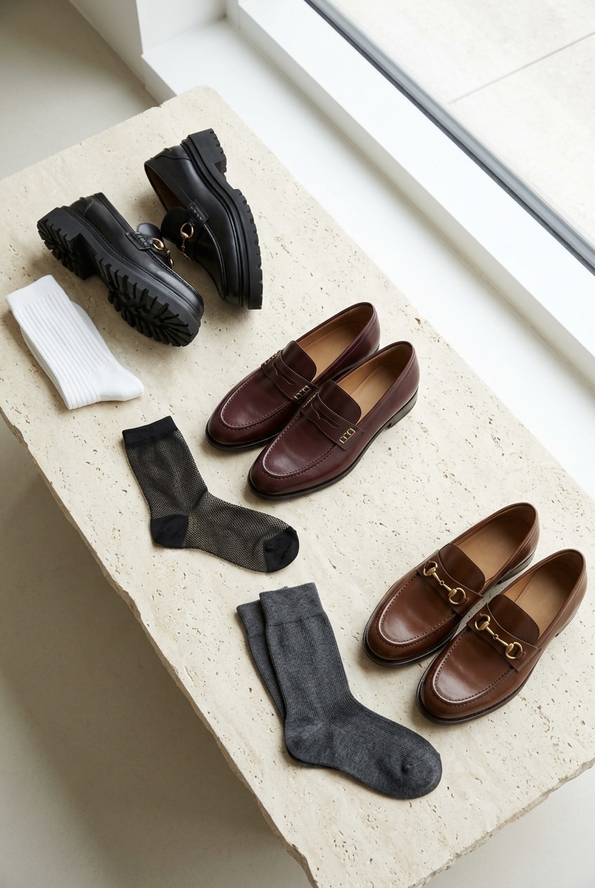 Flat-lay comparison of ribbed cotton crew socks, sheer mesh socks, and merino wool socks arranged next to different loafer styles.