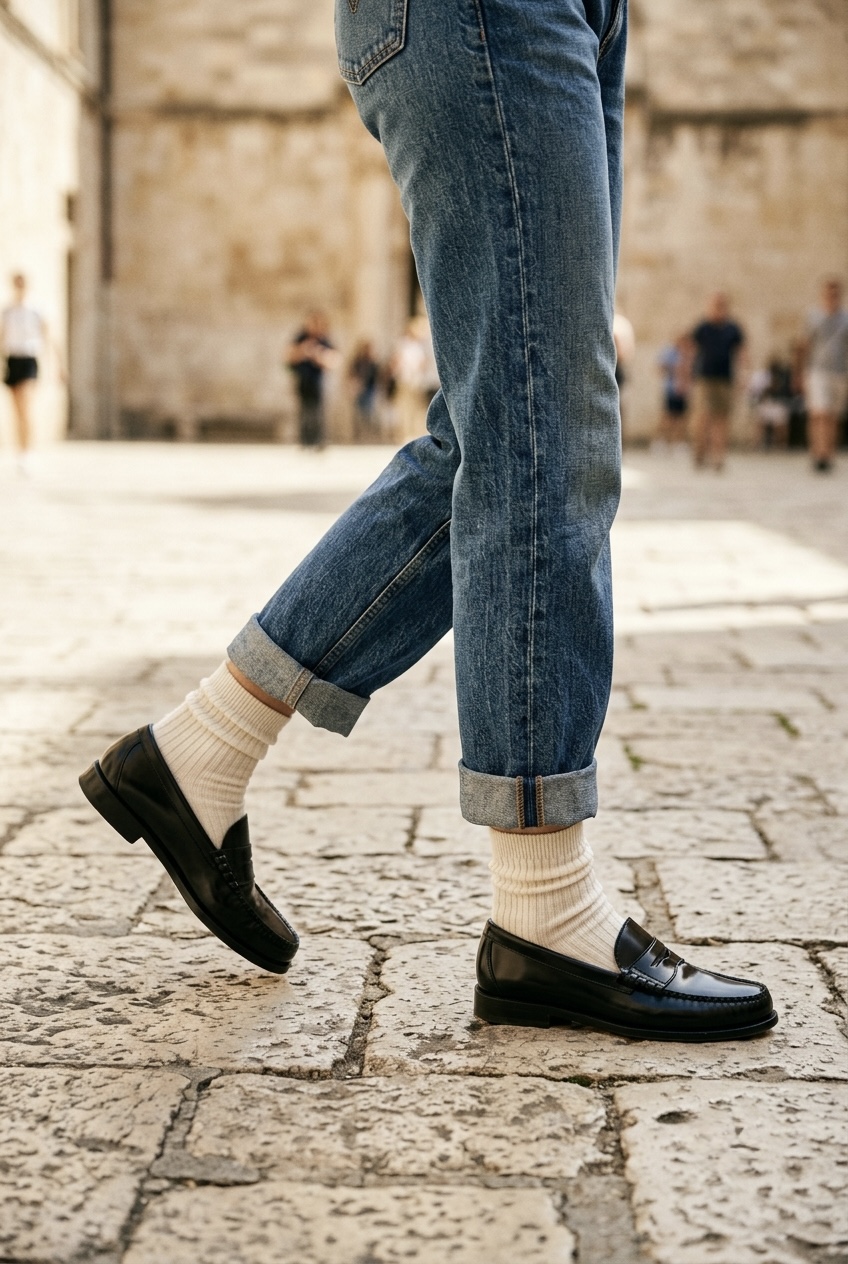 Cuffed vintage denim paired with off-white ribbed crew socks and black leather penny loafers on a sunlit street.