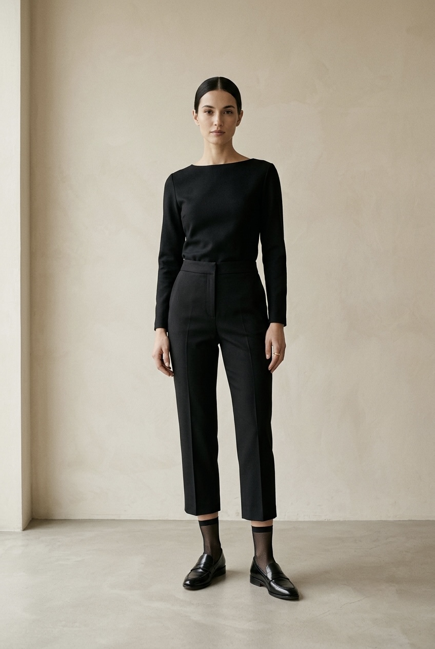 Woman modeling a sleek monochromatic black outfit featuring cropped slacks, sheer black mesh socks, and black leather almond-toe loafers.