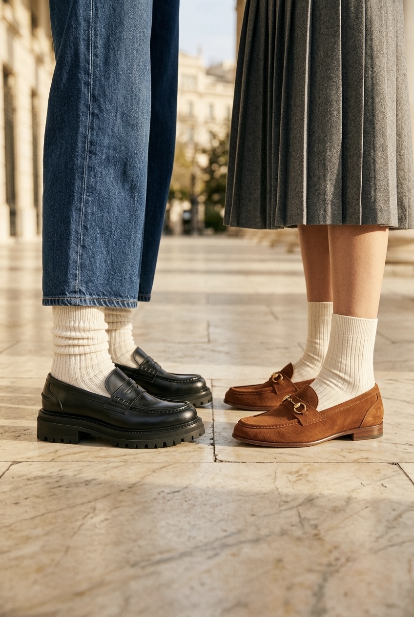 Side-by-side comparison of chunky lug-sole loafers with scrunched cotton socks and suede loafers with fine merino wool socks.
