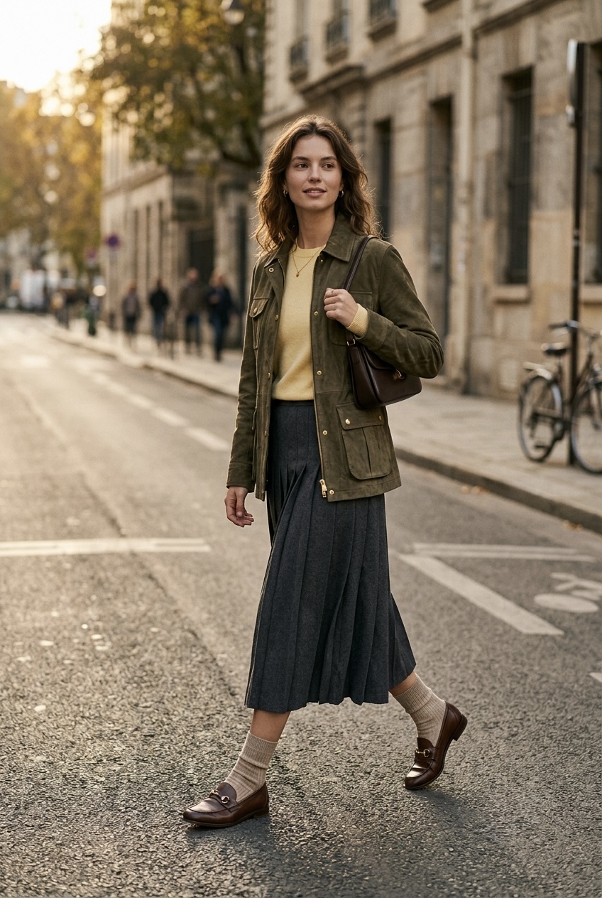 Woman wearing an olive suede barn jacket and pleated midi skirt paired with oatmeal crew socks and chocolate brown calfskin loafers.