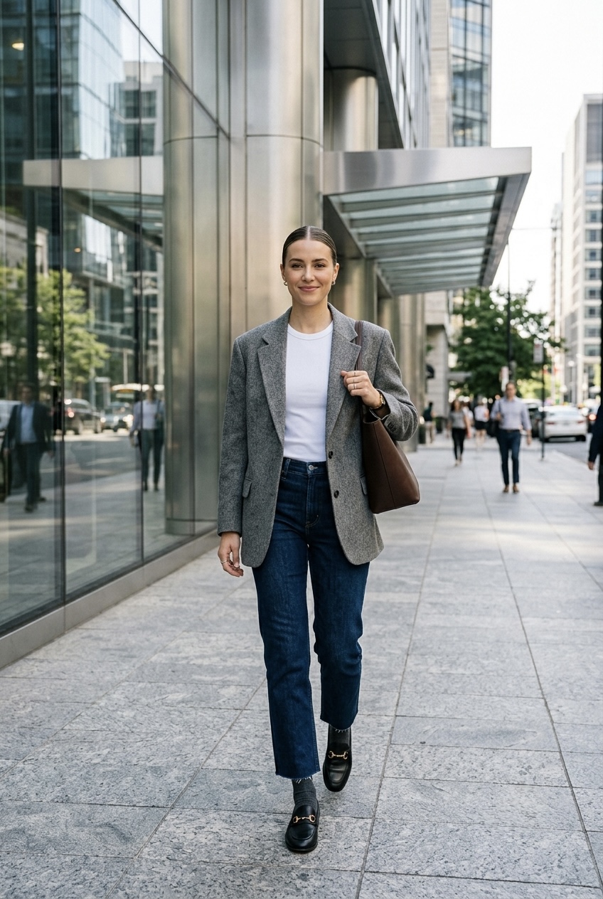 Professional woman styling a grey oversized blazer, dark straight-leg jeans, fine charcoal socks, and black horsebit loafers.