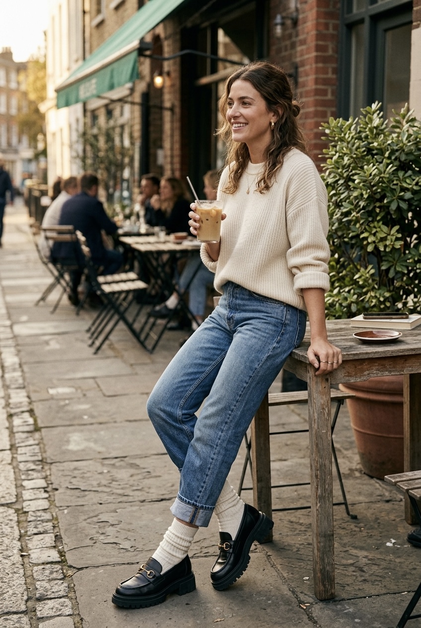 Casual weekend outfit featuring a slouchy cream knit sweater, cuffed 90s jeans, scrunched white crew socks, and chunky lug-sole loafers.