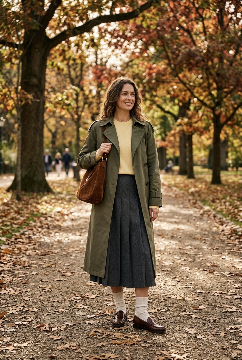 Autumn transitional outfit featuring an olive trench coat, butter yellow knit, pleated grey midi skirt, ecru knit socks, and brown loafers.