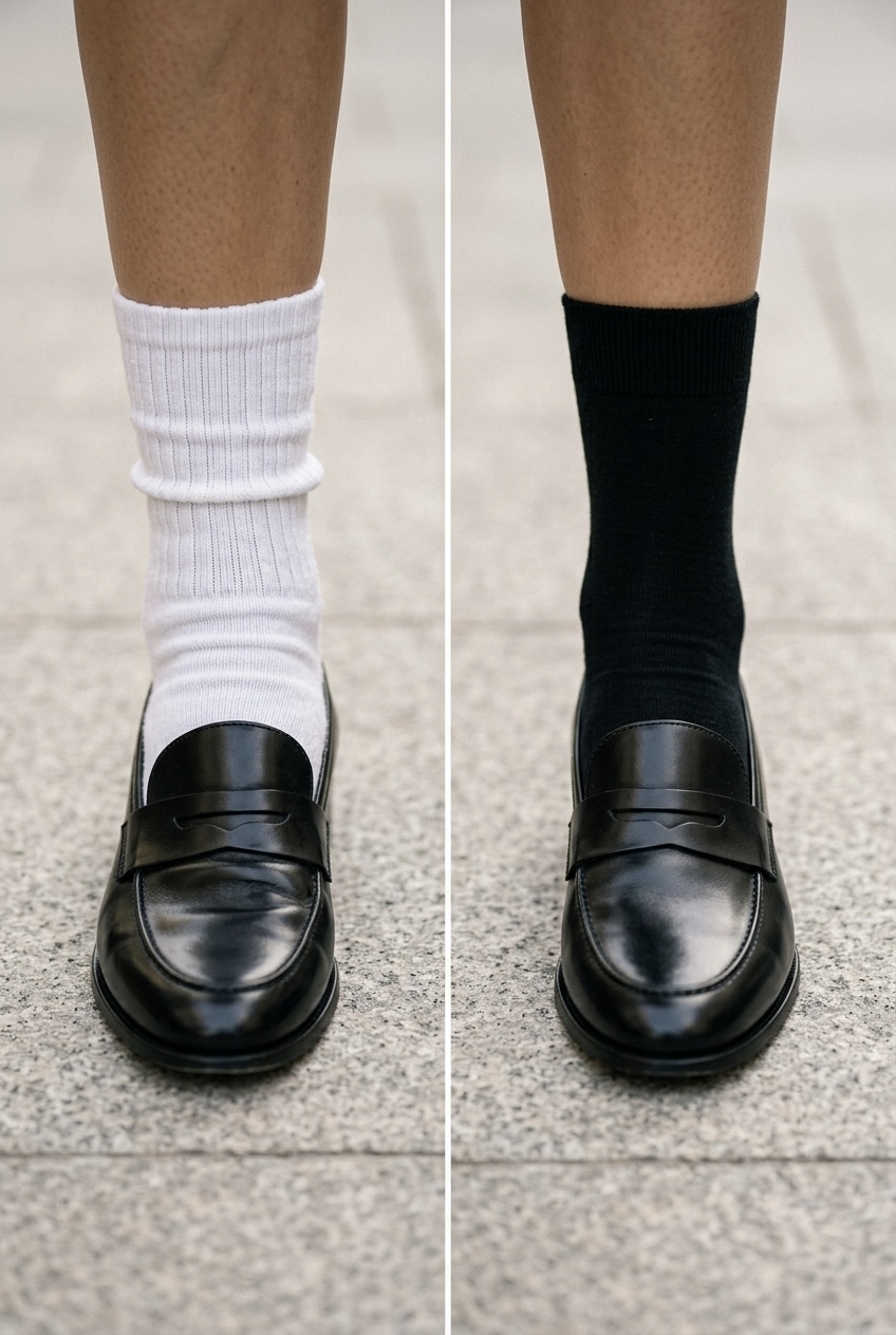 Side-by-side visual comparing a pinched loafer with an oversized athletic sock versus a clean fit with a fine-gauge sock.