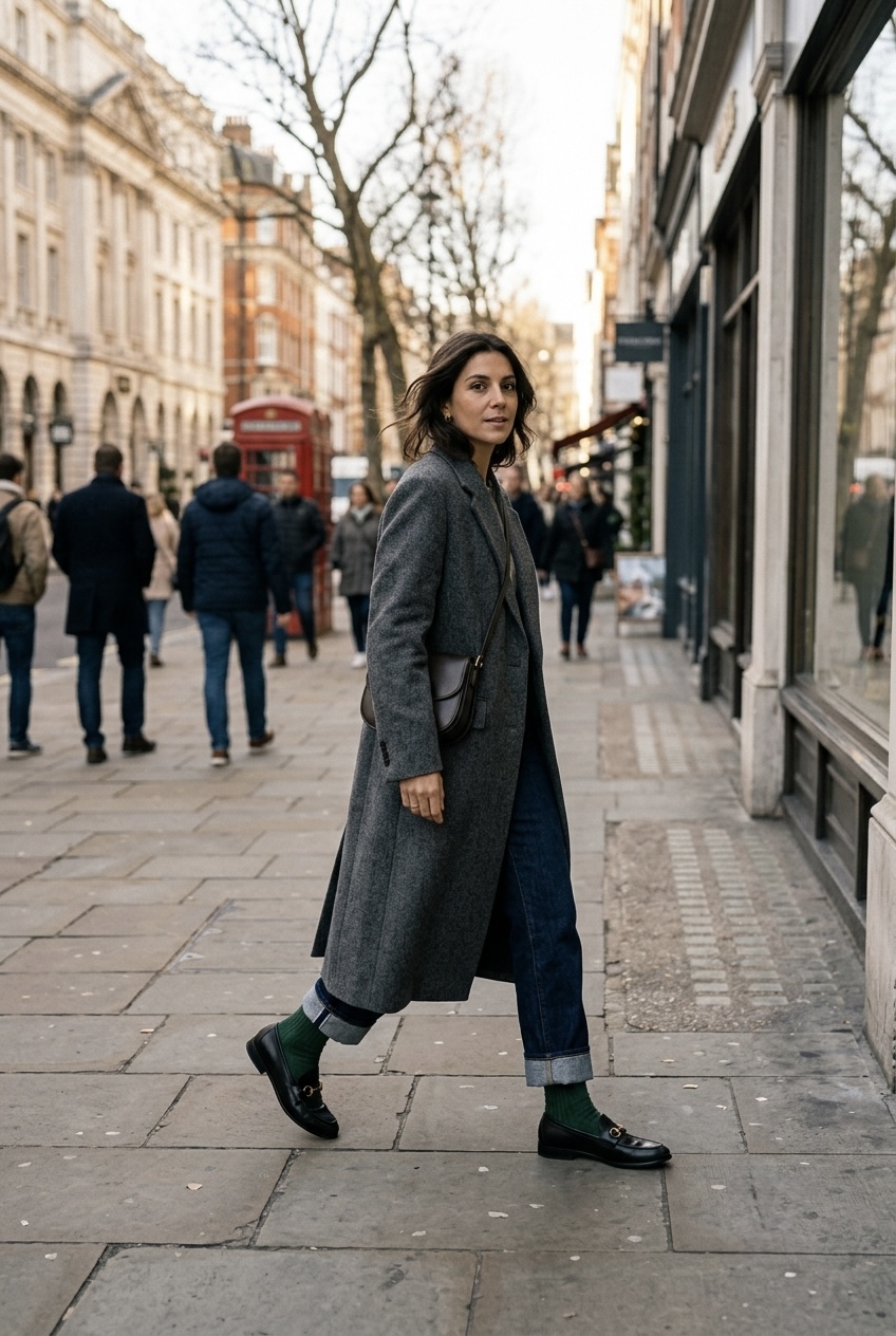Cold-weather outfit featuring a charcoal wool coat, dark indigo jeans, forest green cashmere socks, and black calfskin loafers.