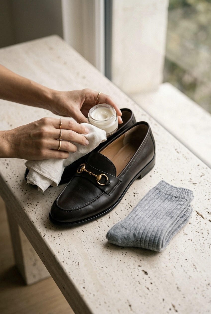 Close-up of leather shoe conditioner being applied to the heel of a calfskin loafer next to ribbed cotton socks.
