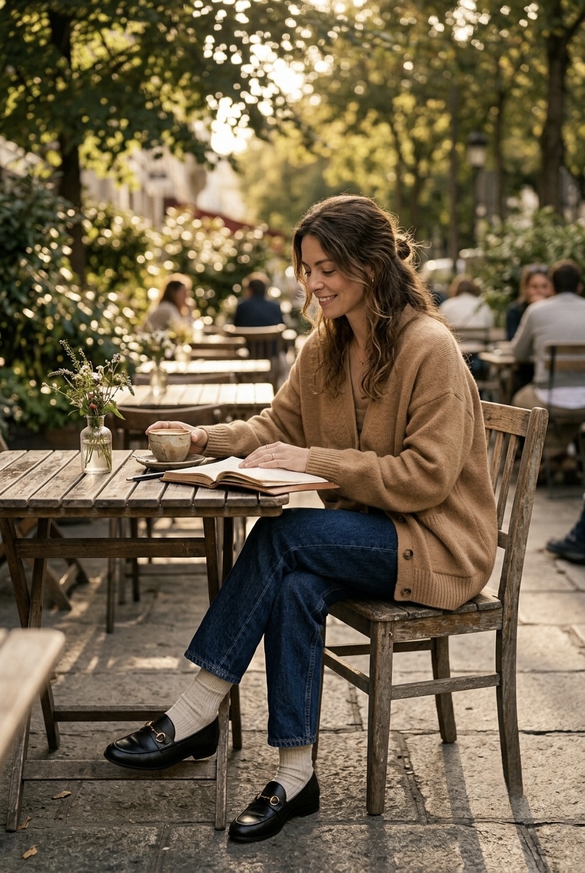 Woman enjoying a quiet moment at a cafe wearing an oversized camel cardigan, dark denim, off-white knit socks, and black horsebit loafers.