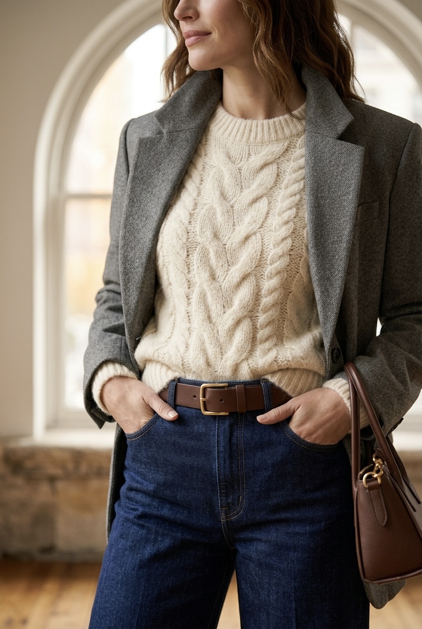 Close-up of a cream cable-knit alpaca sweater tucked into dark wash rigid indigo jeans with a brown leather belt.