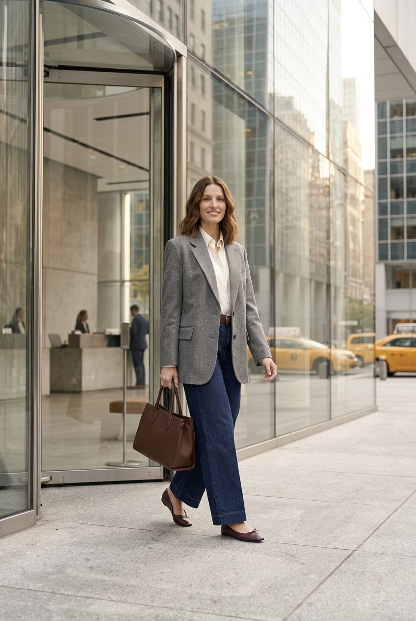 Business casual workwear outfit showing dark wide-leg jeans, oversized grey blazer, ivory silk shirt, and burgundy ballet flats.