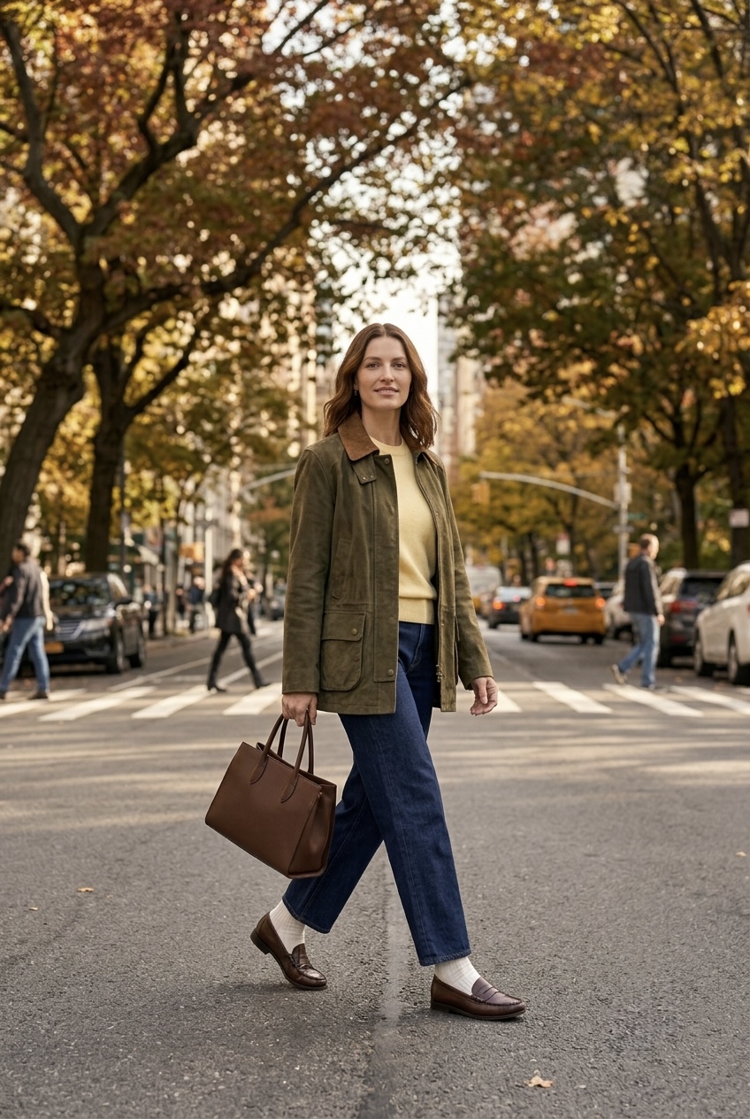 Woman wearing an olive suede barn jacket, butter yellow cashmere sweater, dark wash straight-leg jeans, and leather loafers with white socks.