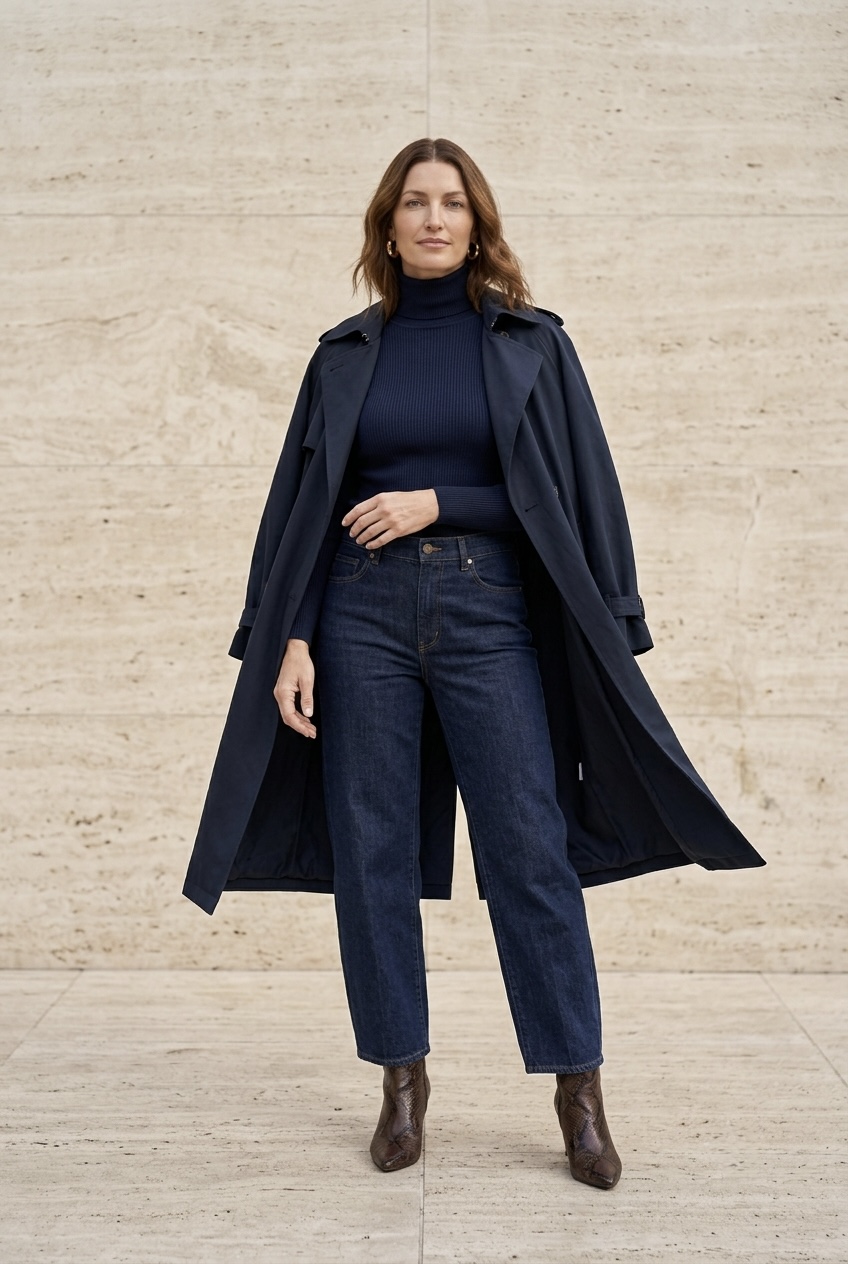 Editorial look featuring dark navy barrel jeans, navy ribbed turtleneck, unbuttoned navy trench coat, and python-print ankle boots.