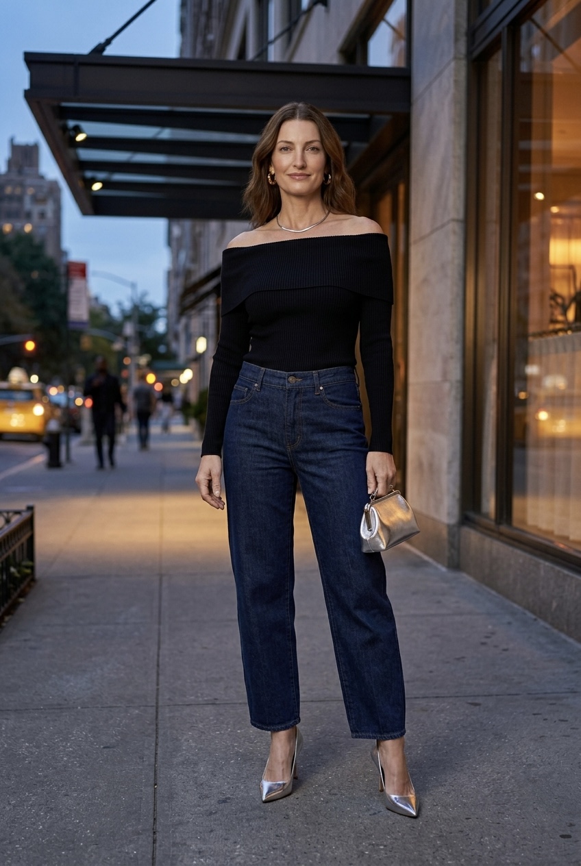 Evening outfit inspiration featuring dark wash wide-leg jeans, off-the-shoulder black knit top, silver pointed heels, and a silver clutch.