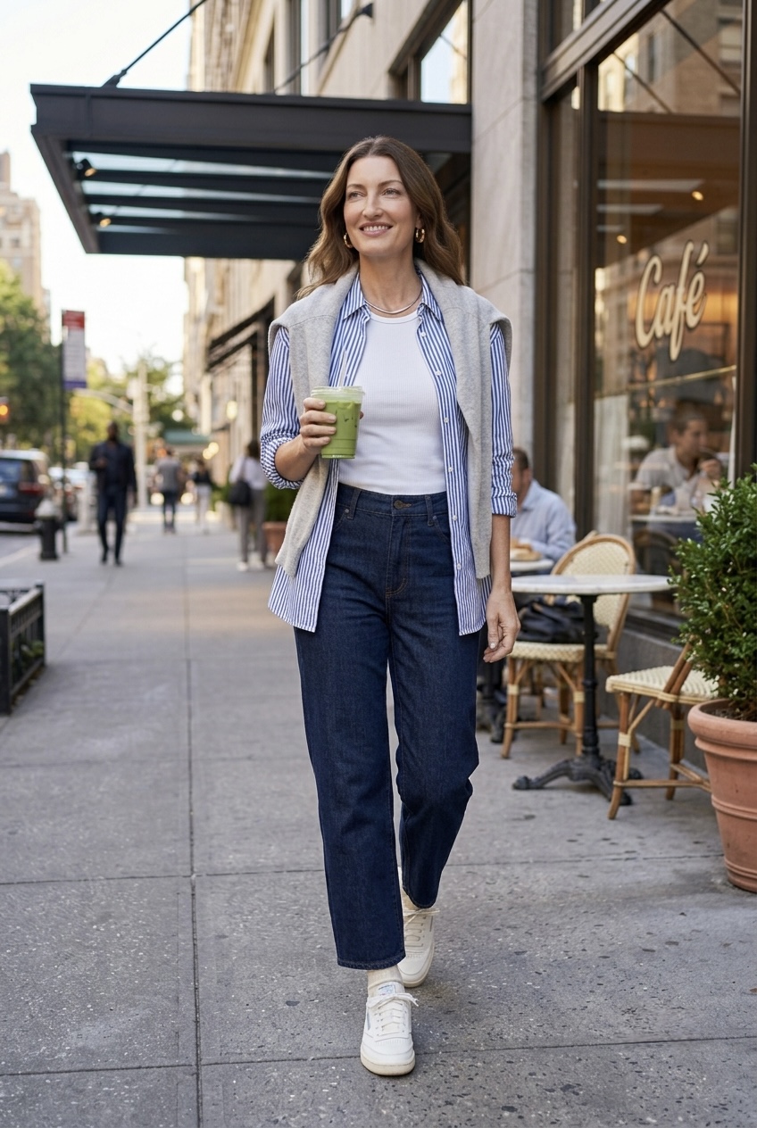 Off-duty model look with dark straight-leg jeans, white ribbed tank, poplin button-down, draped sweater, and white sneakers.