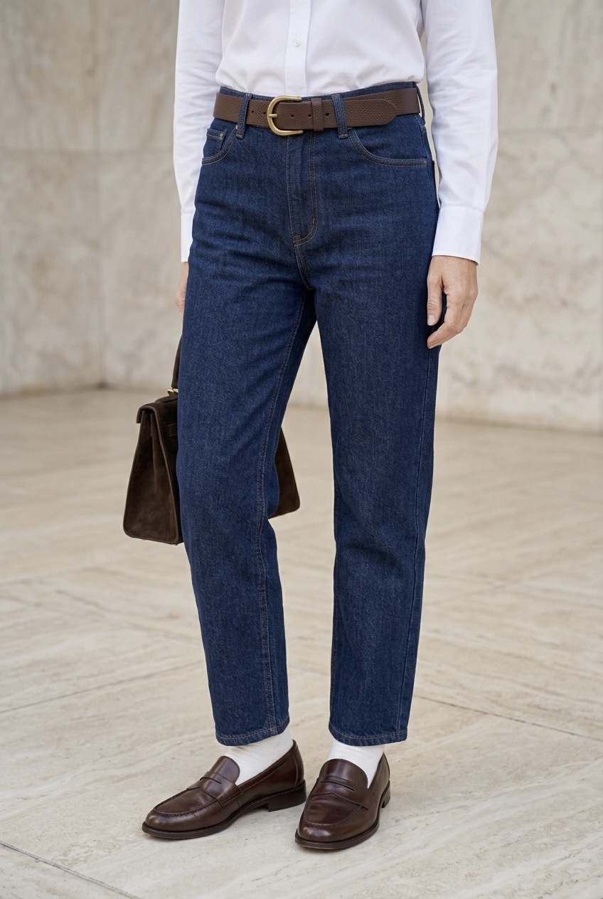 Close-up detail of dark wash jeans styled with a chocolate brown leather belt, polished leather loafers, and white cotton socks.