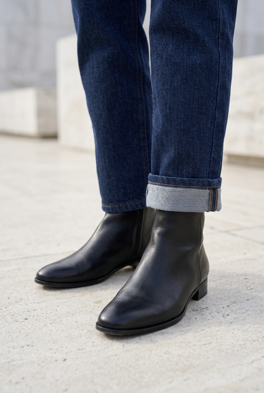 Close-up of dark wash straight jeans neatly cuffed above black leather ankle boots to demonstrate proper tailoring proportions.