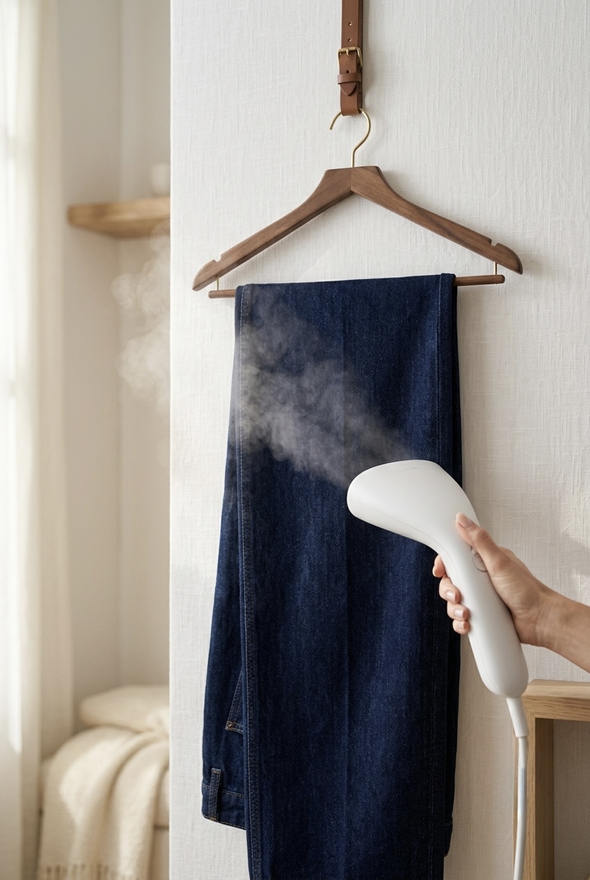 Steaming dark indigo wide-leg denim jeans on a wooden hanger to restore crispness and maintain deep dye color.