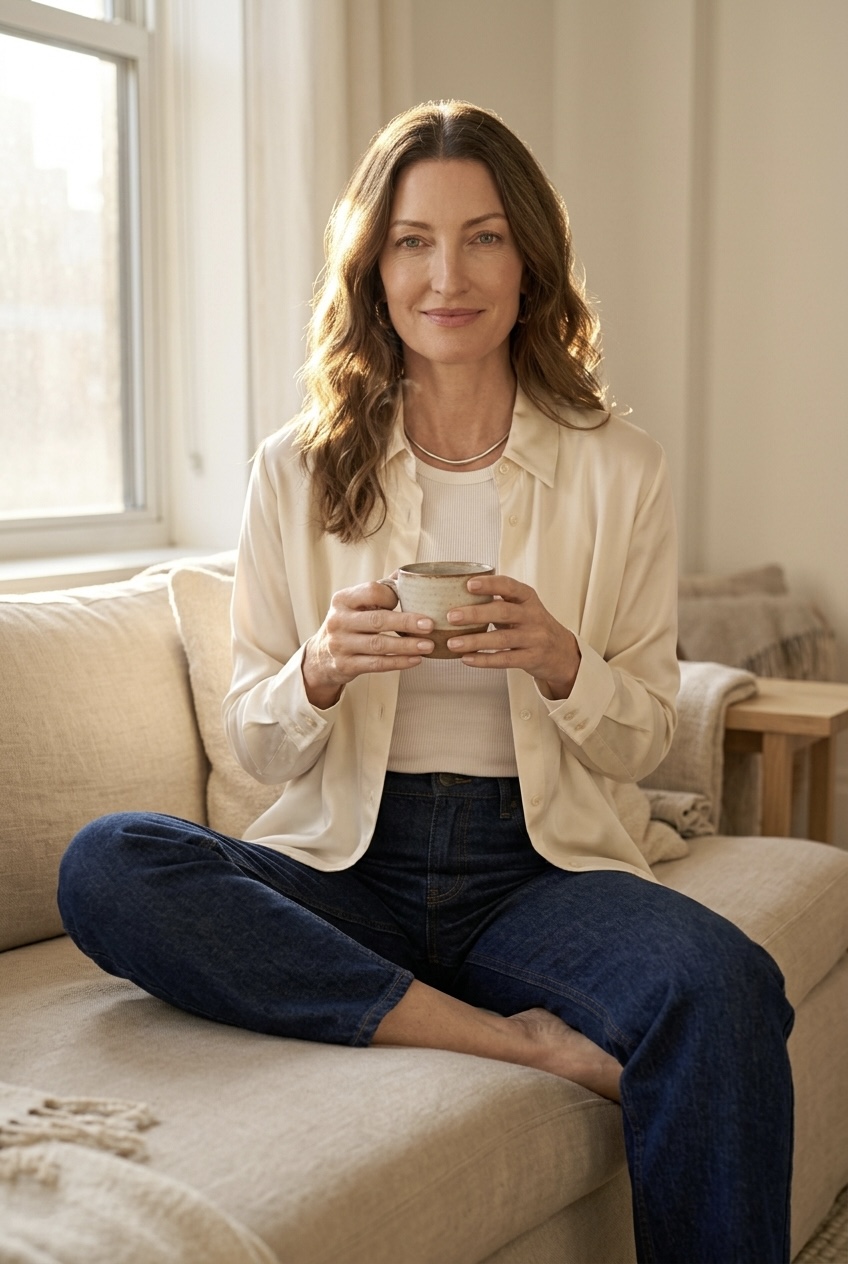 Woman relaxing on a cream sofa in dark wash straight jeans and a cream silk shirt, demonstrating effortless personal style.