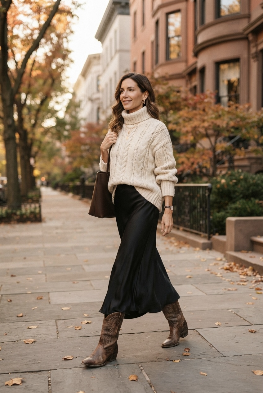 The Art of Tension: How to Style a Chunky Cable Knit, Satin Maxi Skirt, and Western Boots