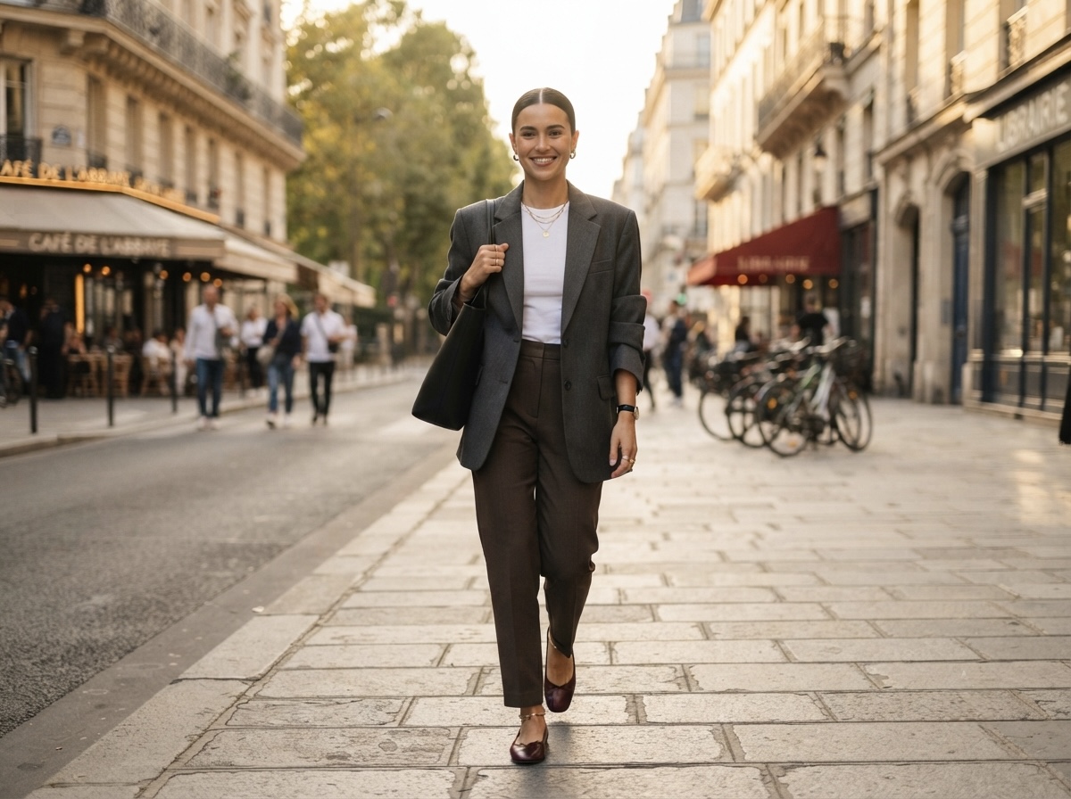 The Soft Power Uniform: How to Style a Grey Blazer, Espresso Trousers, and Burgundy Flats