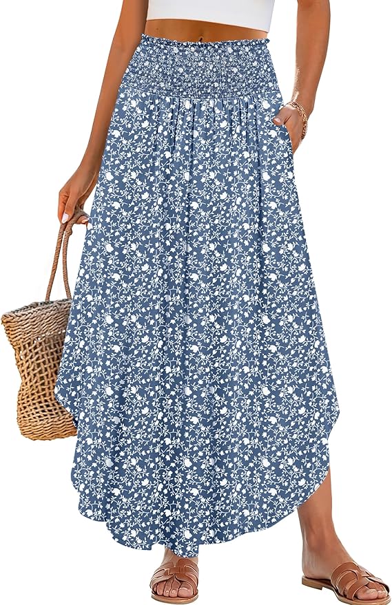 ANRABESS Women's Maxi Skirts Summer Boho Floral High Waisted Flowy Swing Pleated Beach Long Skirt with Pockets