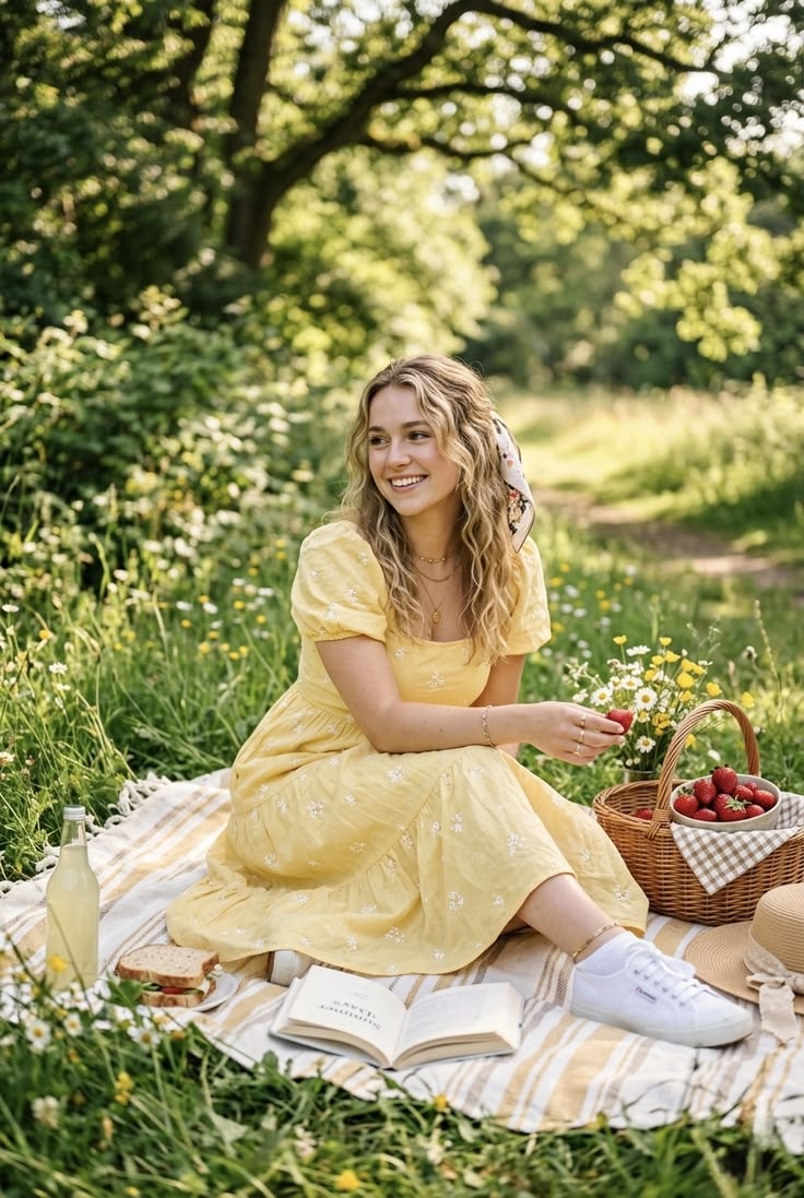 Yellow picnic midi floral dress