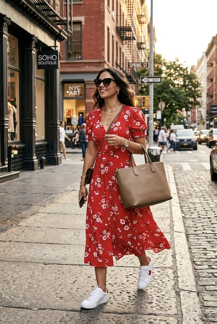 Hitting the streets in this adorable floral midi dress